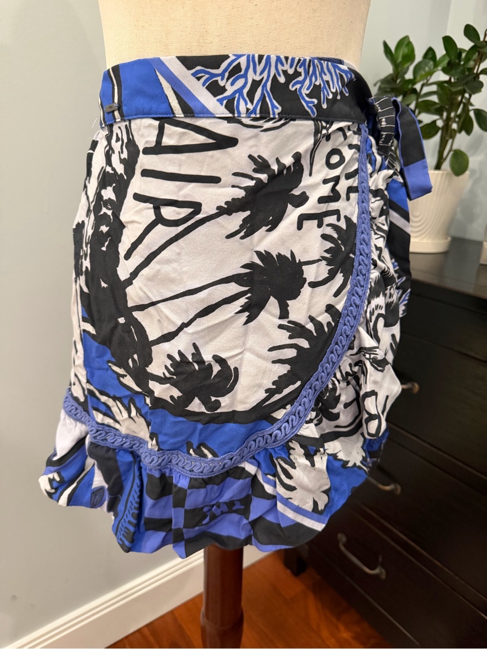 Maaji Blue, Black & White Palm-Print Wrap Mini Skirt